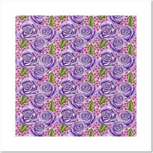 Purple Roses And Hydrangea Pattern Posters and Art